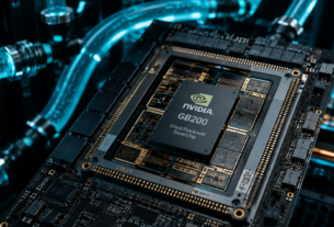 Close-up técnico de um processador de IA de última geração com tubos de resfriamento líquido e iluminação futurista de data center.