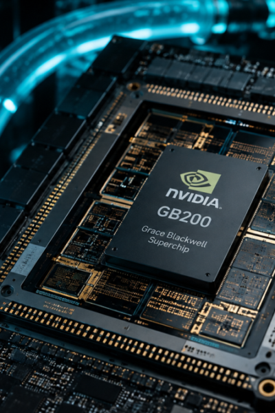 Close-up técnico de um processador de IA de última geração com tubos de resfriamento líquido e iluminação futurista de data center.