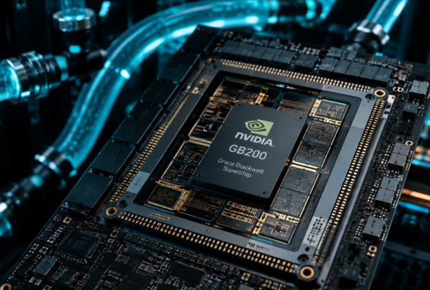 Close-up técnico de um processador de IA de última geração com tubos de resfriamento líquido e iluminação futurista de data center.