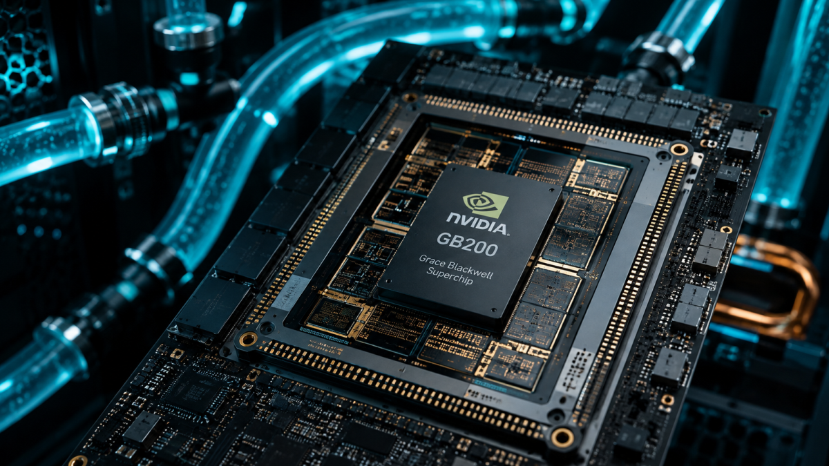 Close-up técnico de um processador de IA de última geração com tubos de resfriamento líquido e iluminação futurista de data center.