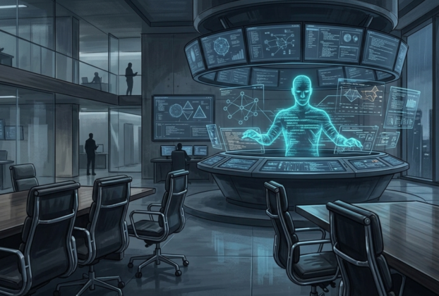 Representação visual de um agente de IA operando sistemas corporativos de forma autônoma, simbolizando a ascensão dos trabalhadores digitais.