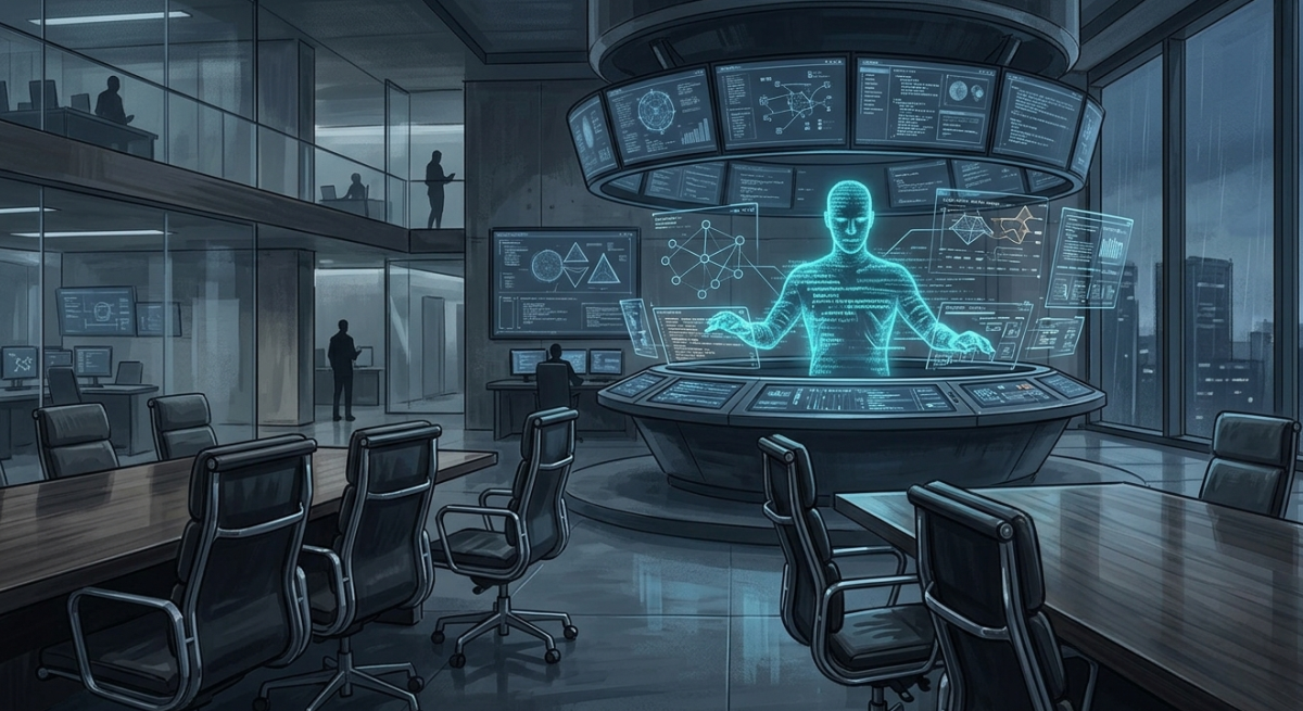 Representação visual de um agente de IA operando sistemas corporativos de forma autônoma, simbolizando a ascensão dos trabalhadores digitais.