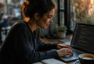 Fotografia de uma jovem profissional em um ambiente acolhedor, utilizando um notebook e anotações manuais, simbolizando a preparação para o primeiro emprego na era digital.