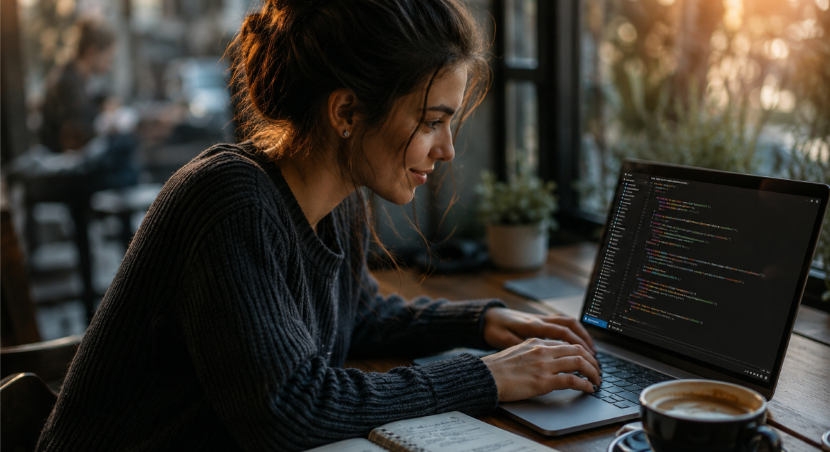 Fotografia de uma jovem profissional em um ambiente acolhedor, utilizando um notebook e anotações manuais, simbolizando a preparação para o primeiro emprego na era digital.