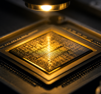 Close-up de um chip de computador sob iluminação dramática, representando a eficiência e o poder dos pequenos modelos de linguagem locais.