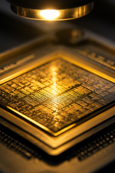 Close-up de um chip de computador sob iluminação dramática, representando a eficiência e o poder dos pequenos modelos de linguagem locais.
