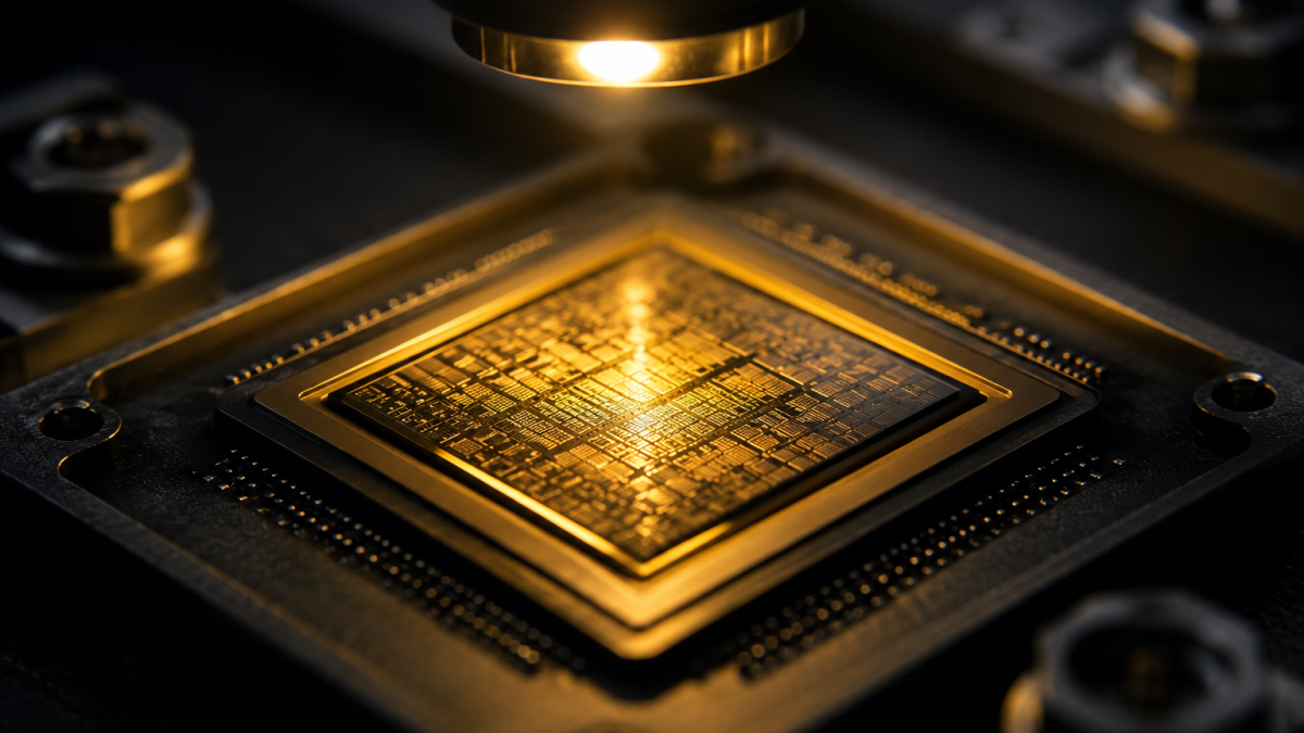 Close-up de um chip de computador sob iluminação dramática, representando a eficiência e o poder dos pequenos modelos de linguagem locais.